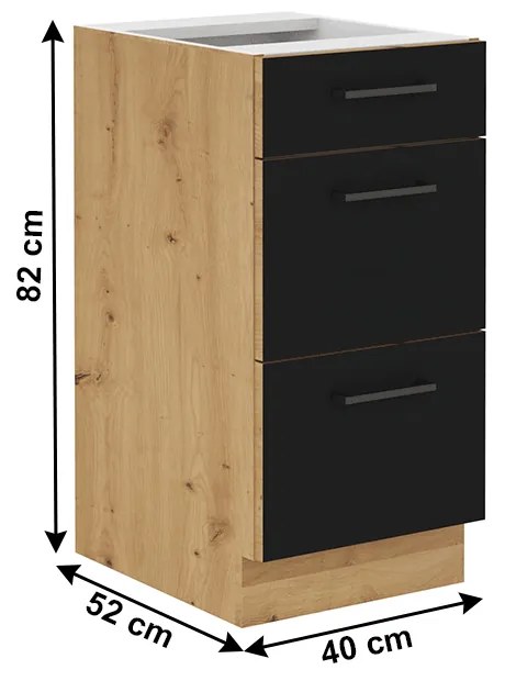 Dulap inferior de bucătărie Meriel 40 D 3S BB (negru + Stejar artisan). 1033976
