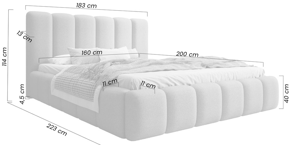 Pat tapițat Aura 160x200 cu spațiu depozitare - bouclé gri închis Quelle 92