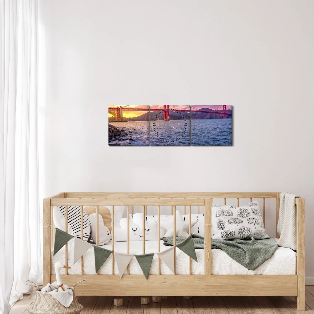 Tablou cu pod și apus de soare (cu ceas) (90x30 cm)