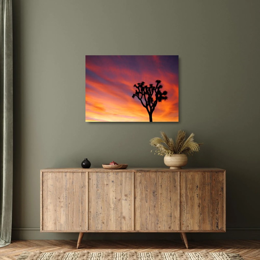 Tablou pe sticlă apus de soare deasupra siluetei unui copac (70x50 cm)