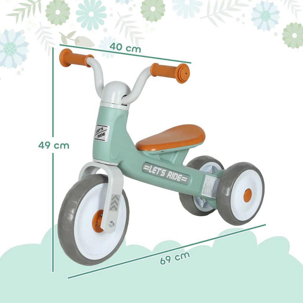 AIYAPLAY Bicicletă fără pedale pentru copii 1-3 ani până la 20 kg, 3 roți silențioase, 69 x 40 x 49 cm, verde | Aosom Romania