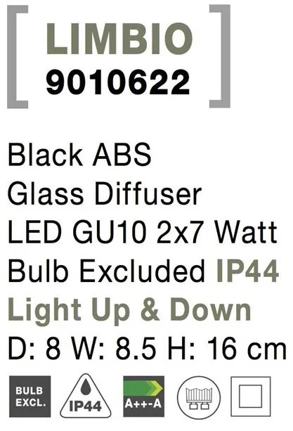 Aplica moderna de exterior cu iluminat ambiental up/down IP44 LIMBIO II neagra