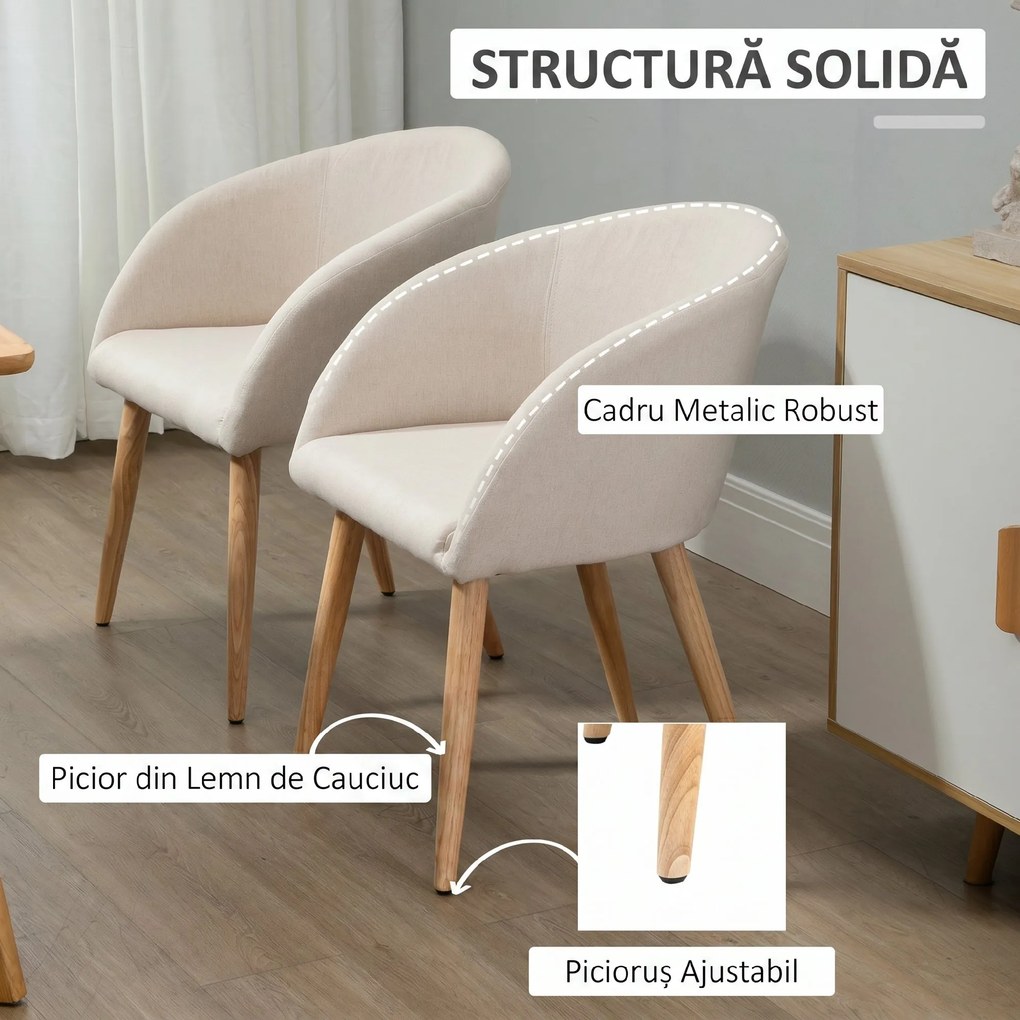 HOMCOM Set de 2 Scaune de Dining Stil Scandinav, Tapițate cu Material Textil, 55x56x74 cm, Bej | Aosom Romania