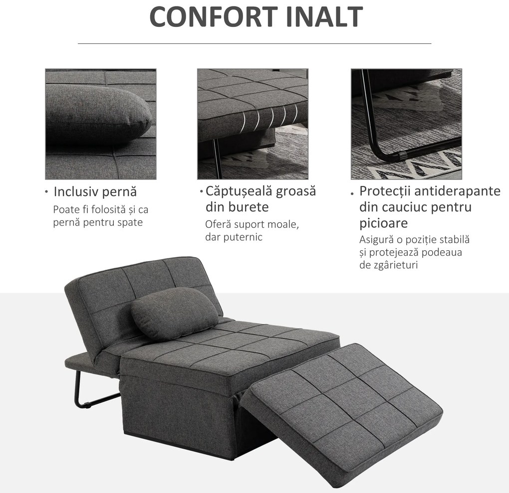 HOMCOM Canapea extensibilă cu Spătar Reglabil pe 5 Nivele și Pernă Suplimentară, 95x179x78 cm, Gri | Aosom Romania