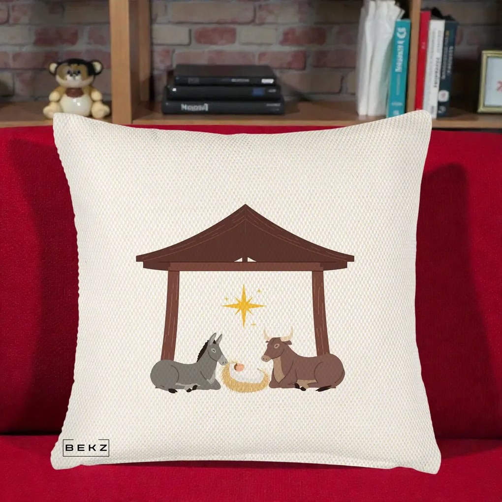 Perna Decorativa Ieslea din Betleem cu Iesle Asin si Bou, 40x40 cm, Crem Reliefat, Husa Detasabila, Perna Inclusa, BEKZ®