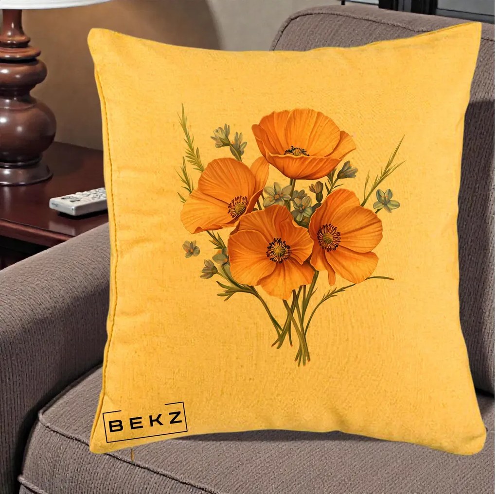 Perna Decorativa Maci Portocalii cu Floricele Albastre, 40x40 cm, Galben, Husa Detasabila, Perna Inclusa, BEKZ®