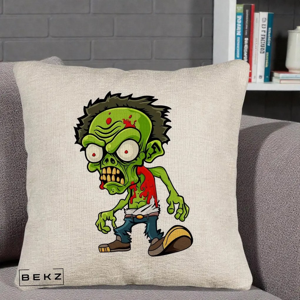 Perna Decorativa Zombie Halloween, 40x40 cm, Bej Canapea, Husa Detasabila, Perna Inclusa, BEKZ®