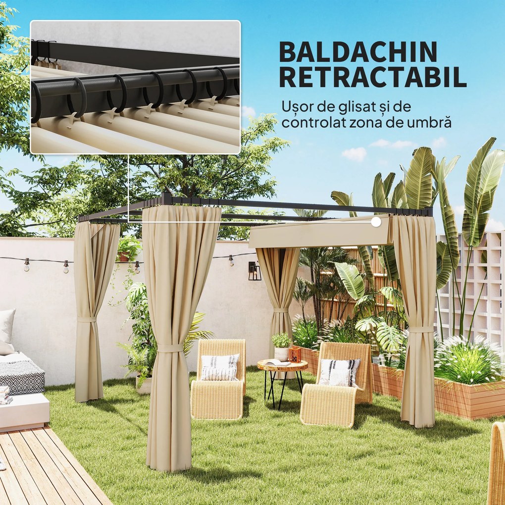 Outsunny Pergola 3 x 3(m) cu acoperis copertina retractabila si perdele, Foisor de exterior cu cadru metalic pentru gradina, Adapost de soare
