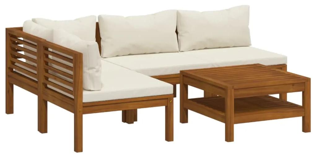 Set mobilier gradina cu perne crem, 5 piese, lemn masiv acacia Crem, colt + 3x mijloc + masa, 1