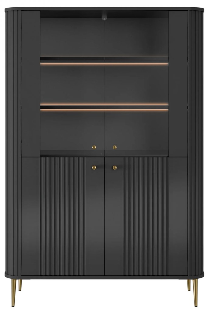 Vitrină Vesper 103 cm cu 4 uși - negru / picioare aurii
