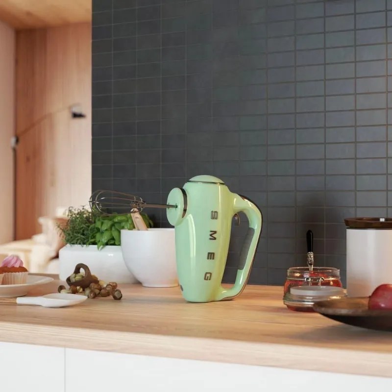 Mixer manual SMEG 50's Style HMF01PGEU, 250 W, 9 viteze, Functie Turbo, Afisaj LED, Timer, Accesorii, Verde