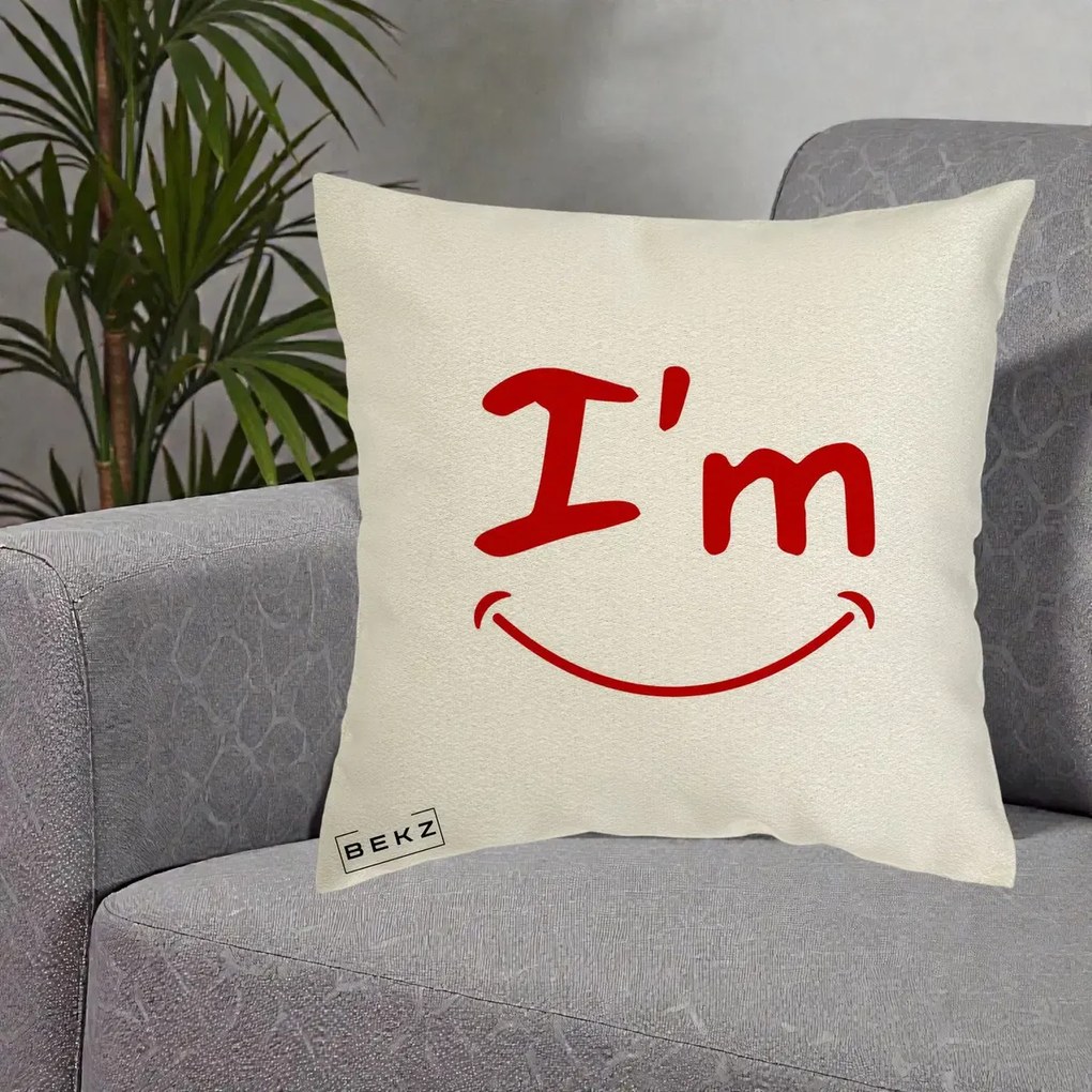 Perna Decorativa I'm Happy Smile, 40x40 cm, Ecru, Husa Detasabila, Perna Inclusa, BEKZ®