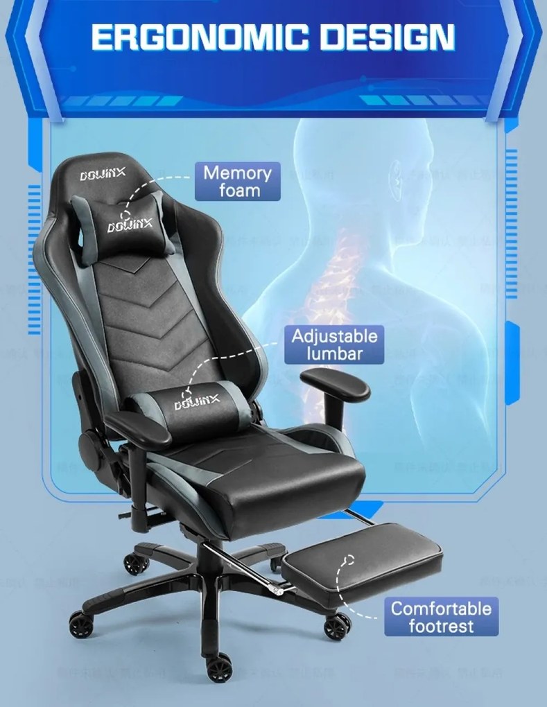 RESIGILAT- DOWINX Scaun gaming, ergonomic, suport lombar cu masaj, spătar rabatabil 90-180°, cotiere reglabile, suport pentru picioare, rezistent 150 kg, piele PU, Negru/Gri