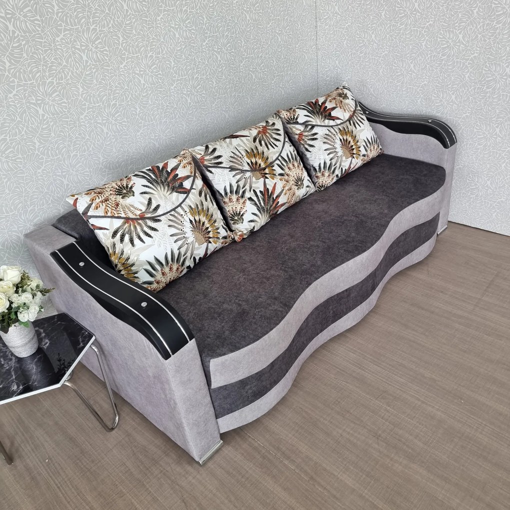 Canapea DIANA extensibila, 3 locuri, cu lada de depozitare, catifea gri inchis cu gri deschis , 220x100x80 Gri Inchis + Gri Deschis, Catifea