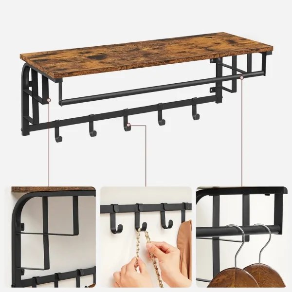 Cuier de perete cu poliță NATE, maro/negru