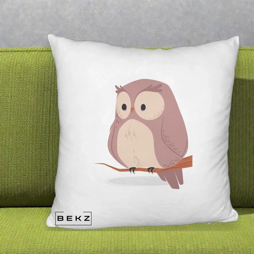 Perna Decorativa Bufnita Kawaii pe Creanga, 40x40 cm, Alb Pufos, Husa Detasabila, Perna Inclusa, BEKZ®