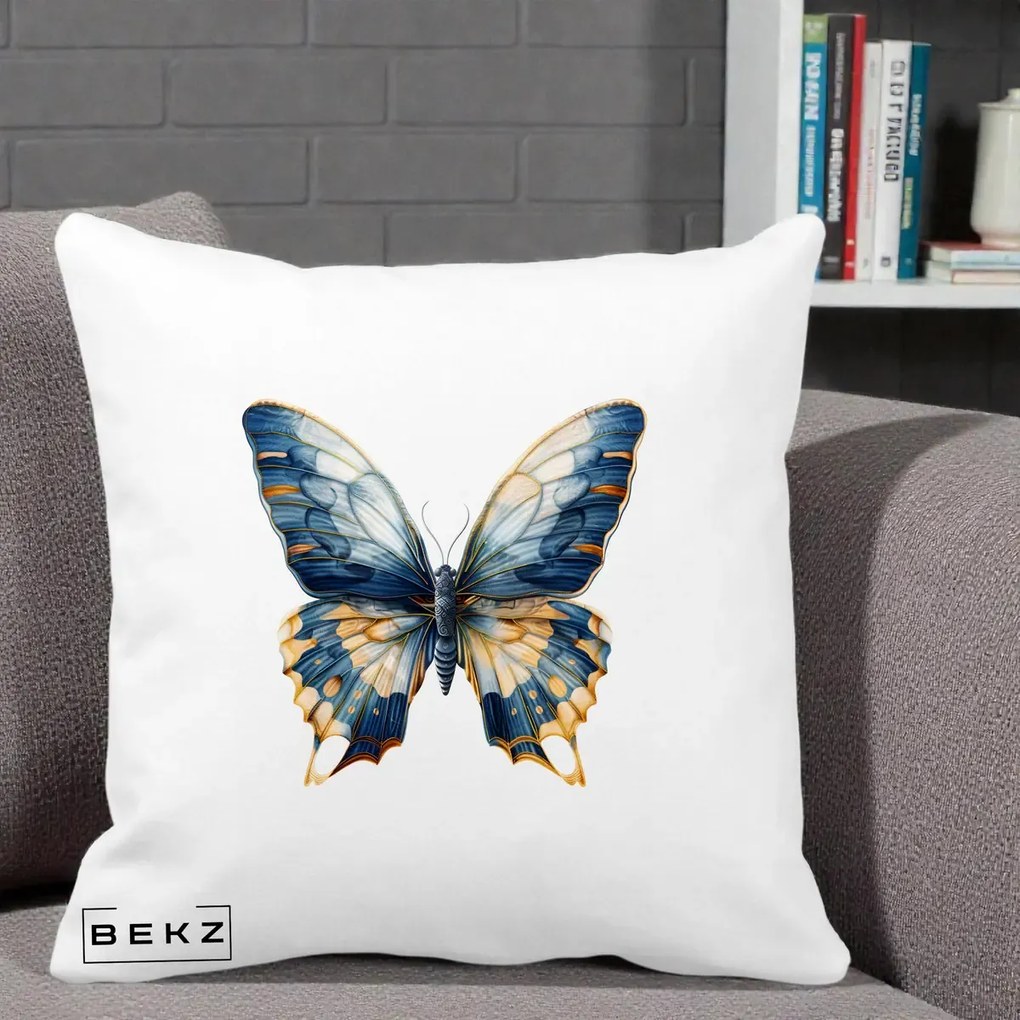 Perna Decorativa Fluture Albastru Auriu Elegant, 40x40 cm, Alba Mata, Husa Detasabila, Perna Inclusa, BEKZ®