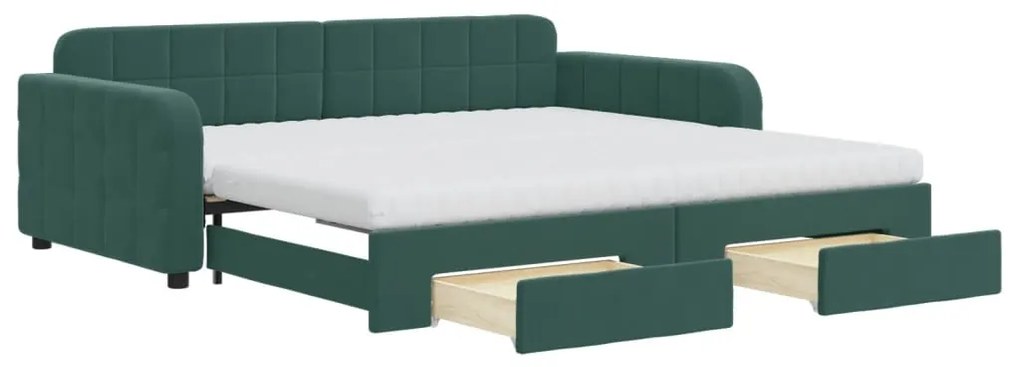 3197010 vidaXL Pat de zi cu extensie și sertare verde închis 100x200cm catifea