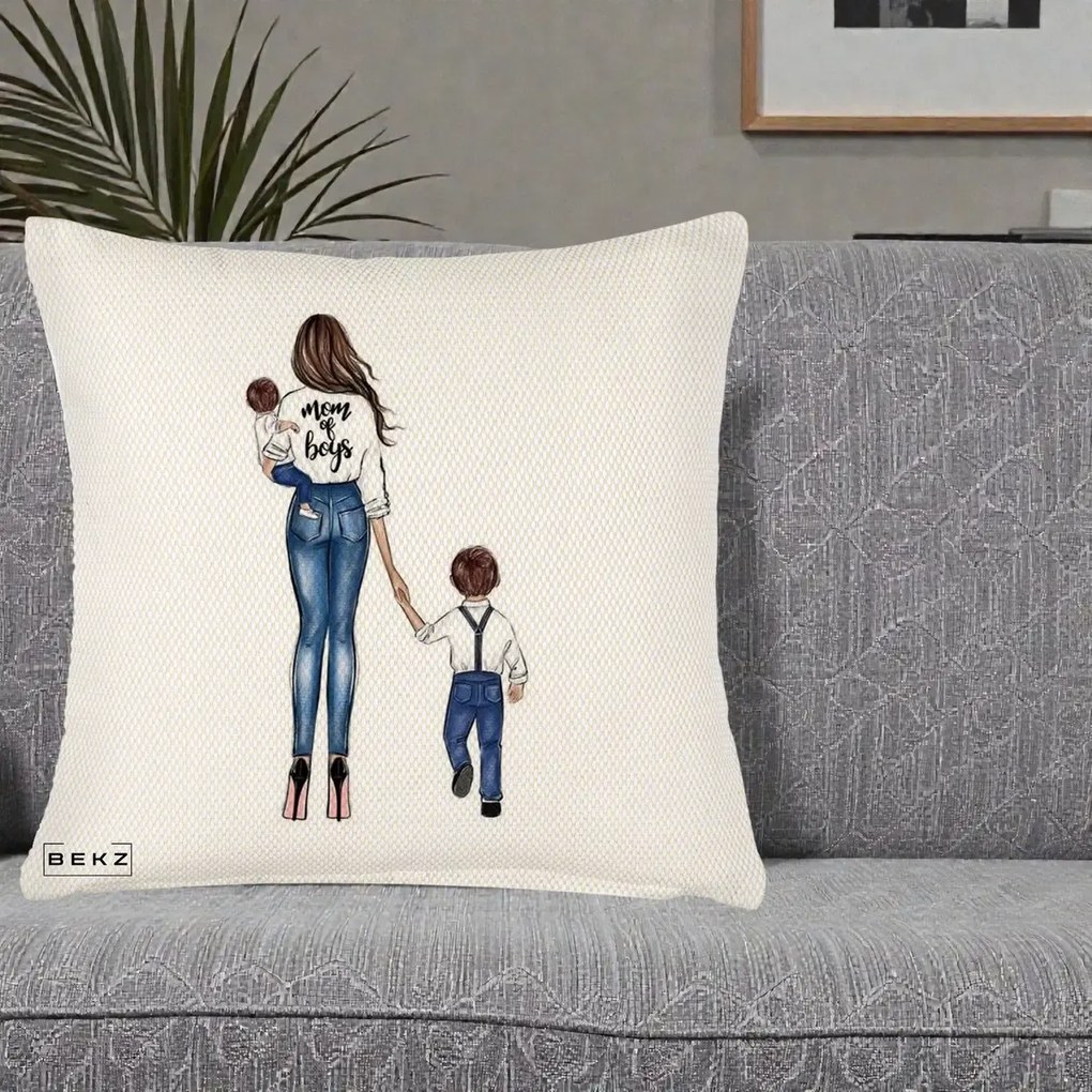 Cadou pentru Mama - Perna Personalizata Mom of Boys Mama cu Baietii, 40x40 cm, Crem Reliefat, Husa Detasabila, Perna Inclusa, BEKZ®