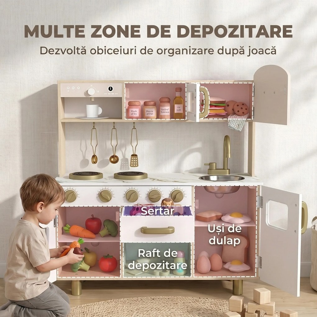 AIYAPLAY Bucătărie de Jucărie pentru Copii cu Plită, Robinet și Accesorii, MDF și Oțel Inoxidabil, 74 x 29 x 81 Cm, Alb | Aosom Romania