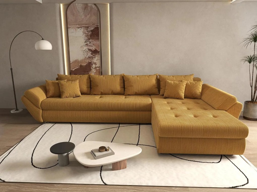 Colțar extensibil dumonde cu ladă de depozitare si sezut confortabil din spuma high-density, Loana XL Zoom Mustar II 335x185 cm