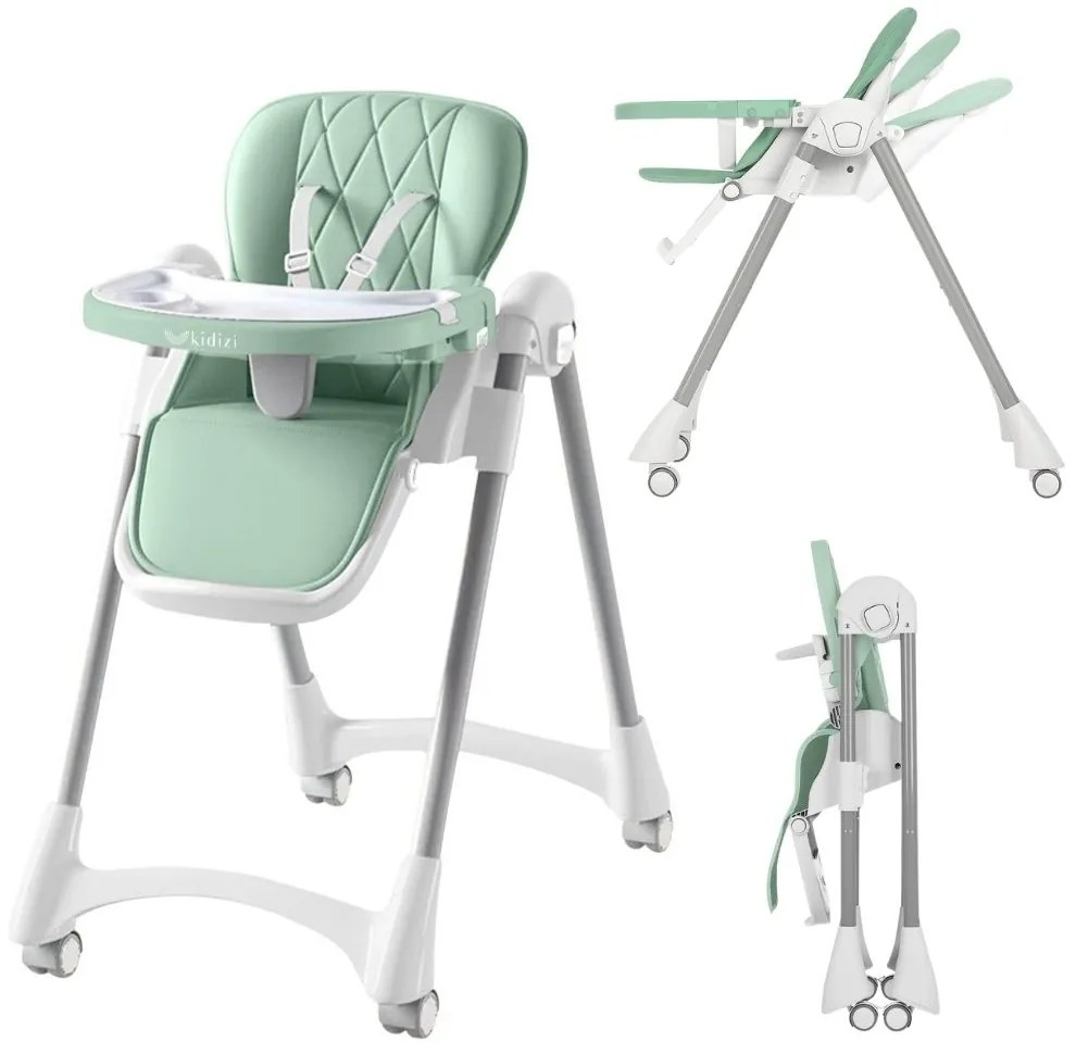 Scaun de masa pliabil pentru bebelusi si copii Kidizi Allure Mint, 6-36 luni, spatar ajustabil 3 pozitii, roti cu frane