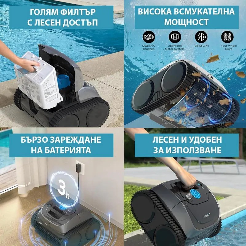 Robot curatare piscine fara fir Wybot C1, 65W, SMART, Pentru pana la 150 m², 4 moduri, Auto-parcare, Auto-revers, IPX8, Negru
