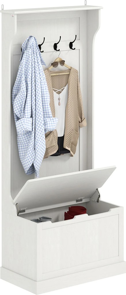 HOMCOM Cuier pantofar cu bancă de depozitare 4 cârlige Stil modern 71,5x39,5x170 cm Alb | Aosom Romania