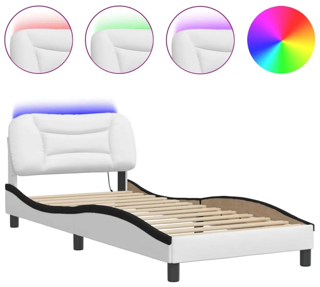 3213905 vidaXL Cadru de pat cu lumini LED alb/negru 90x190 cm piele ecologică