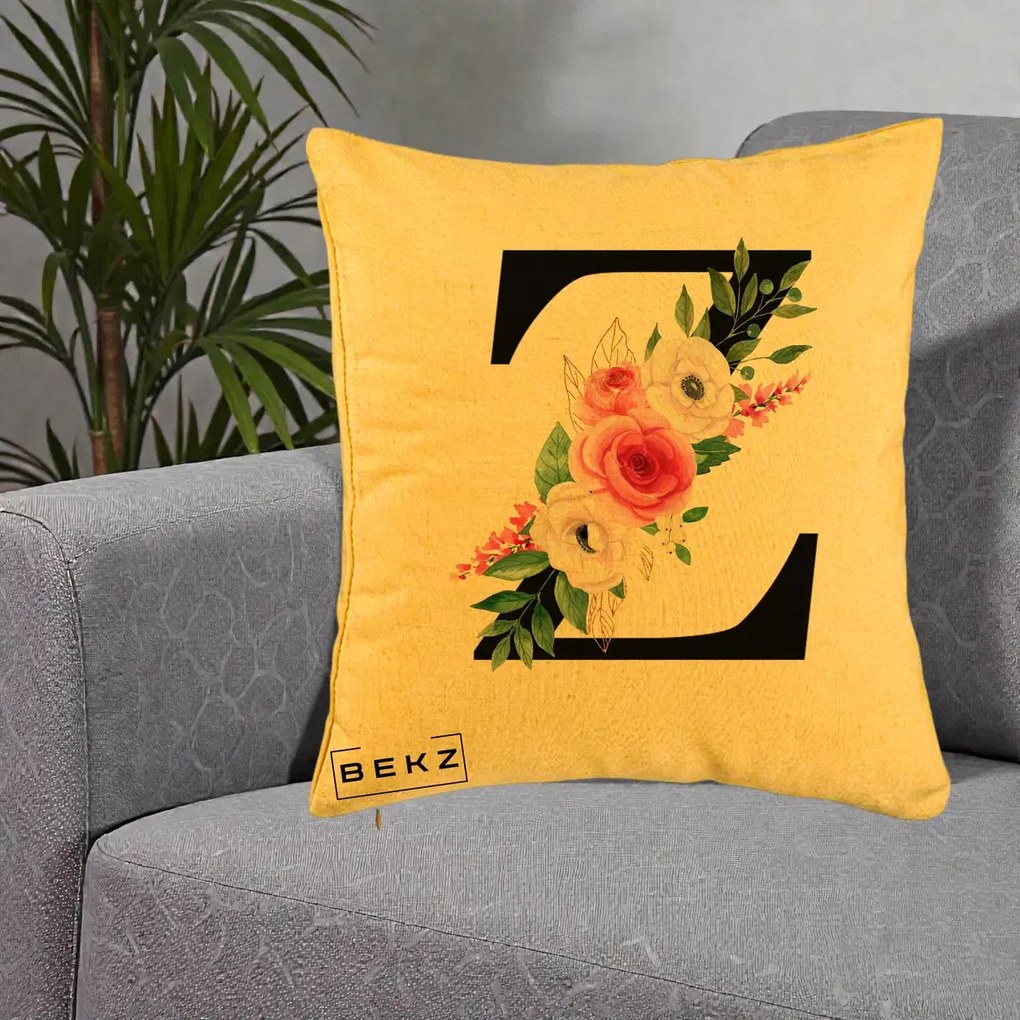 Cadou Personalizat - Perna Personalizata Monograma Florala Litera Z cu Buchet, 40x40 cm, Galben, Husa Detasabila, Perna Inclusa, BEKZ®