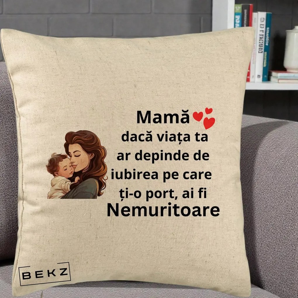 Cadou pentru Mama - Perna Personalizata Mama Nemuritoare cu Bebelus Lineart, 40x40 cm, Bej, Husa Detasabila, Perna Inclusa, BEKZ®