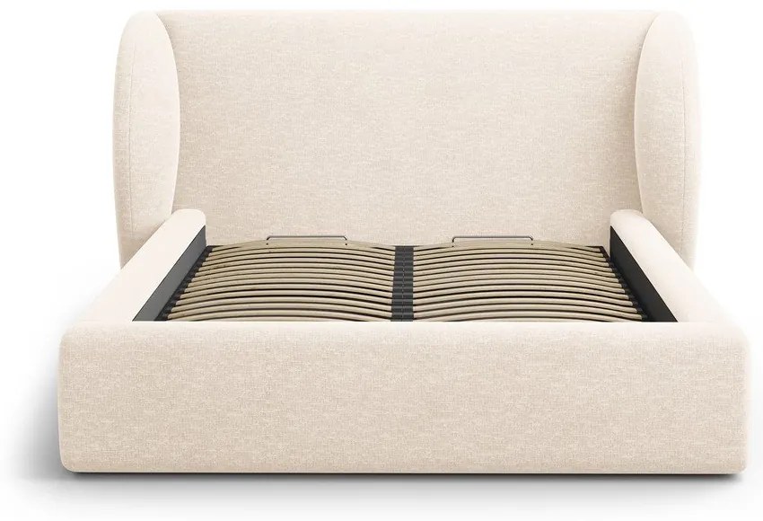 Pat matrimonial crem tapițat cu spațiu de depozitare cu somieră 180x200 cm Miley – Micadoni