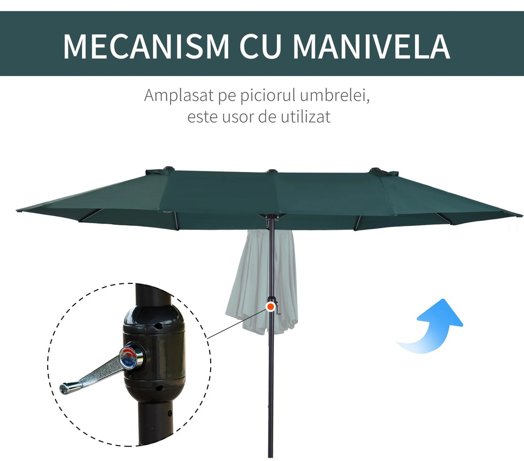 Outsunny Umbrelă Dublă de Grădină, Protecție UV, Manivelă pentru Deschidere, 460x270x240 cm, Verde | Aosom Romania