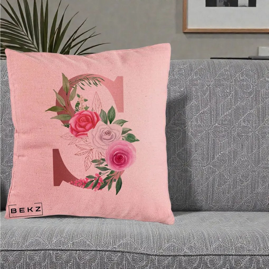 Cadou Personalizat - Perna Personalizata Monograma Rose Gold Litera S, 40x40 cm, Roz, Husa Detasabila, Perna Inclusa, BEKZ®