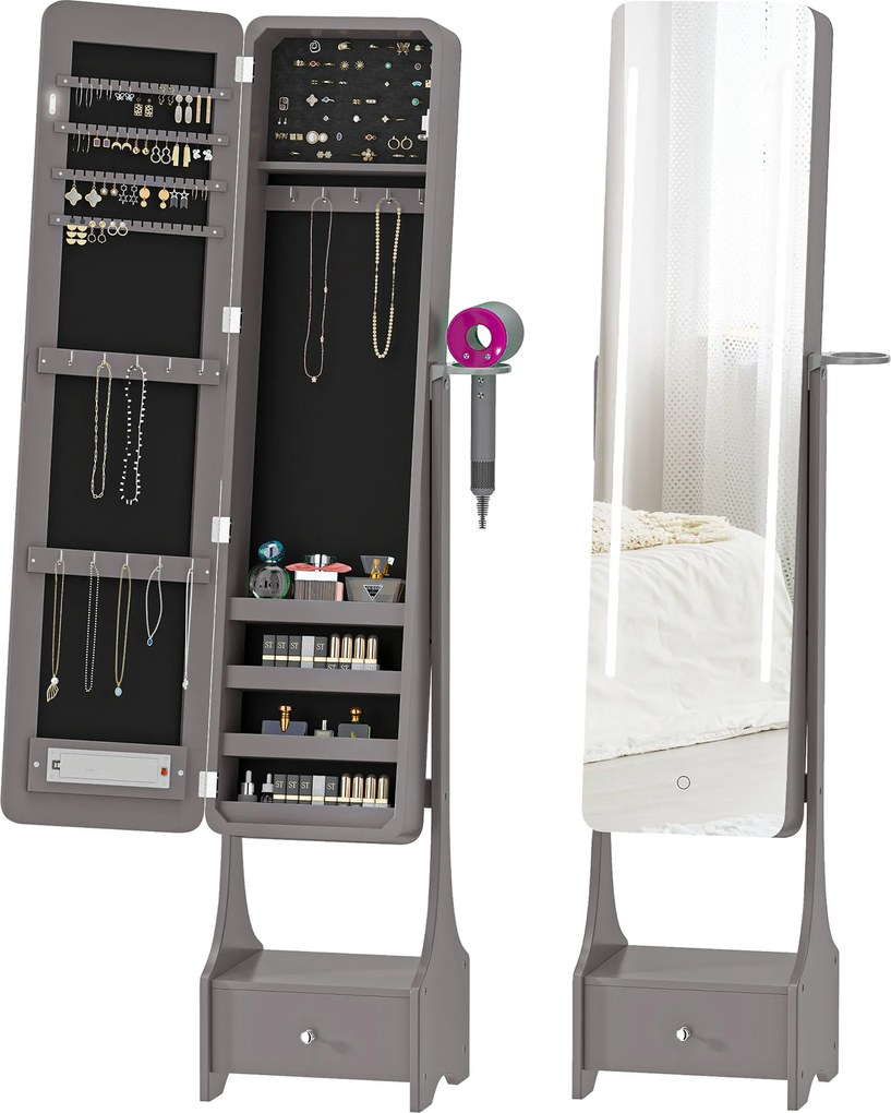 HOMCOM Oglindă-dulap pentru bijuterii cu lumini LED Dulap bijuterii cu oglindă full-length reglabilă pe unghi Sertar Oprire automată a luminilor Gri | Aosom Romania