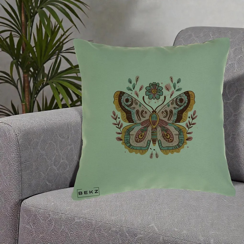 Perna Decorativa Fluture Boho Floral, 40x40 cm, Verde, Husa Detasabila, Perna Inclusa, BEKZ®
