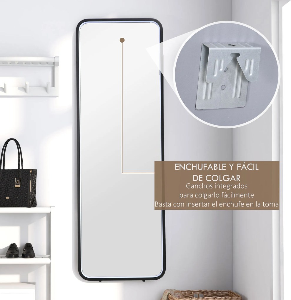 HOMCOM Oglindă corp întreg cu lumină LED Oglindă de podea 151,5x50 cm Independentă sau pentru perete cu lumină reglabilă în 3 culori | Aosom Romania