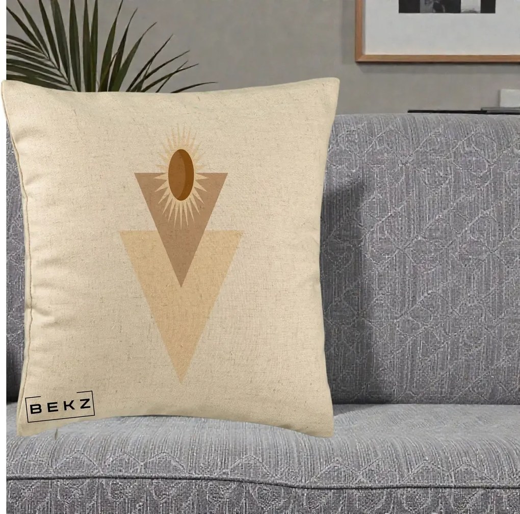 Perna Decorativa Boho Sun cu Triunghiuri Bej si Oval Solar, 40x40 cm, Bej, Husa Detasabila, Perna Inclusa, BEKZ®