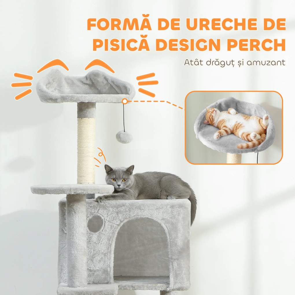 PawHut Arbore de Zgâriat pentru Pisici Înalt de 160 cm cu 2 Căsuțe, Hamac, Pat și Stâlpi din Sisal, Gri | Aosom Romania