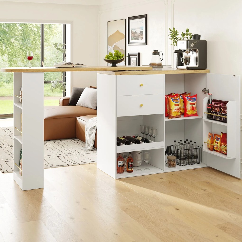 Masă de bar rotativă 360° cu 2 sertare și dulap cu ușă glisantă, Alb | Aosom Romania