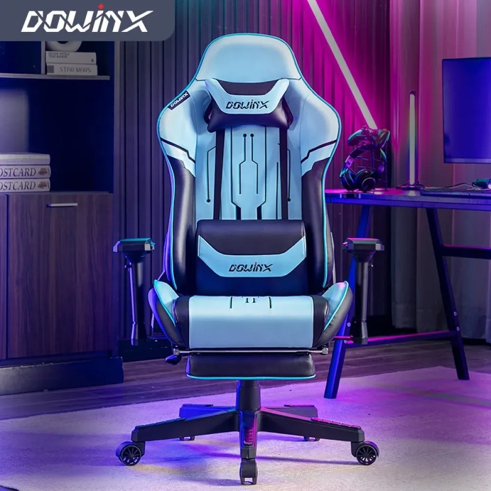 DOWINX Scaun gaming, ergonomic, pernă lombară cu masaj, spatar inalt, suport pentru picioare, piele PU matlasata, respirabila, cotiere 4D, rezistent 150 kg, Albastru