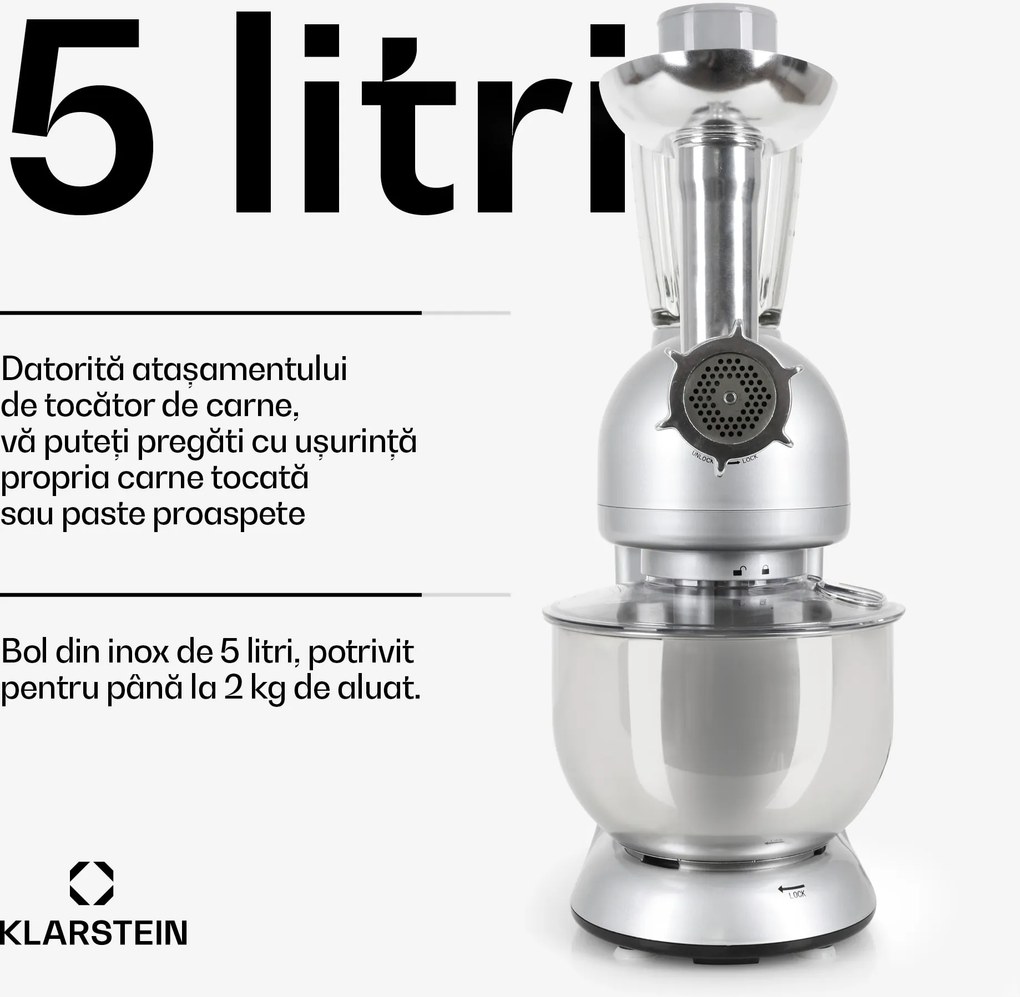 Klarstein Lucia, robot de bucatarie, 3 in 1, 1800 W / 2,7 PS, 5l, otel inoxidabil, fara BPA