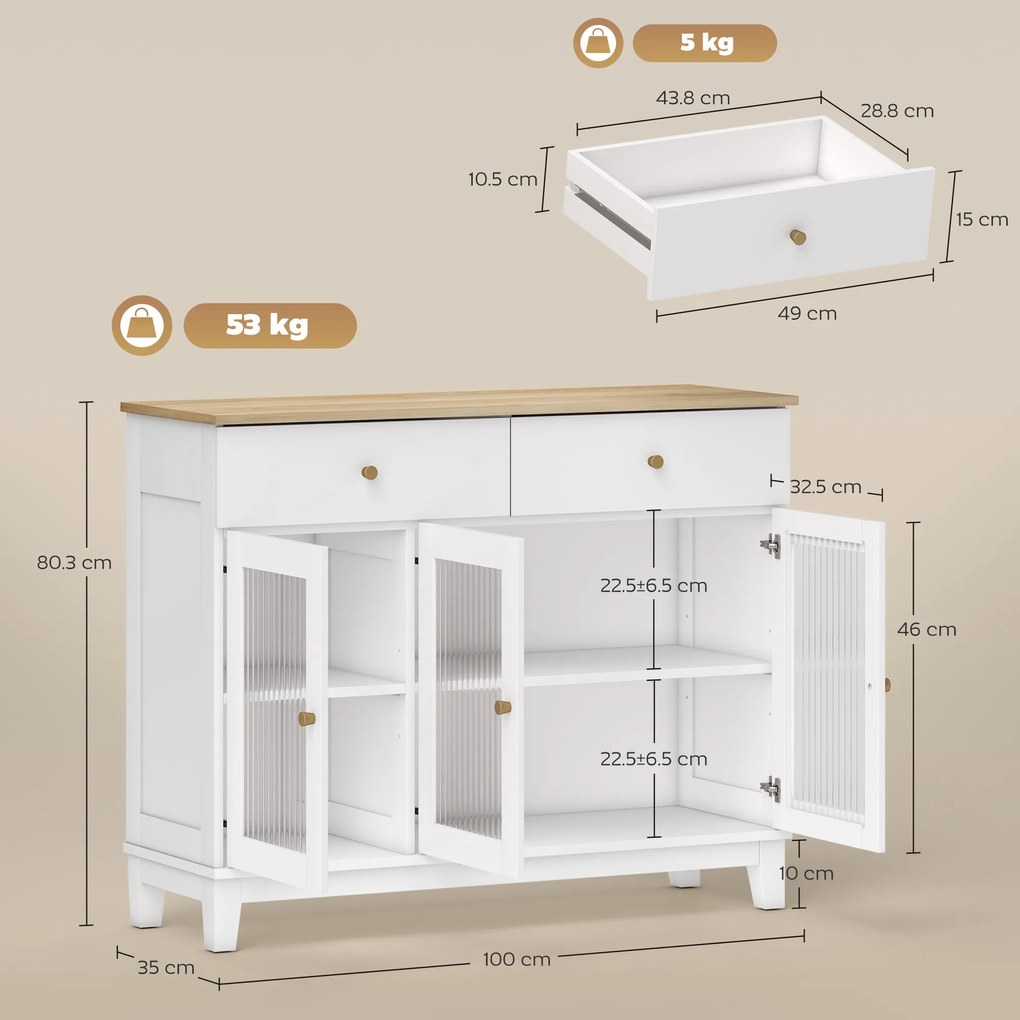 HOMCOM Bufet Bucătărie cu 2 Dulapuri și 2 Sertare, Uși din Sticlă Securizată Canelată, Bufet Sufragerie cu Rafturi Ajustabile, pentru Living sau Sufragerie, 100x35x80.3 cm, Alb și Stejar | Aosom Romania