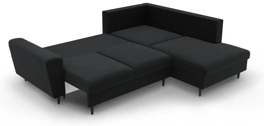 Colțar negru extensibil, cu spațiu de depozitare cu tapițerie din catifea (cu colț pe partea dreaptă-în formă de ”L”) Kyoto – Cosmopolitan Design