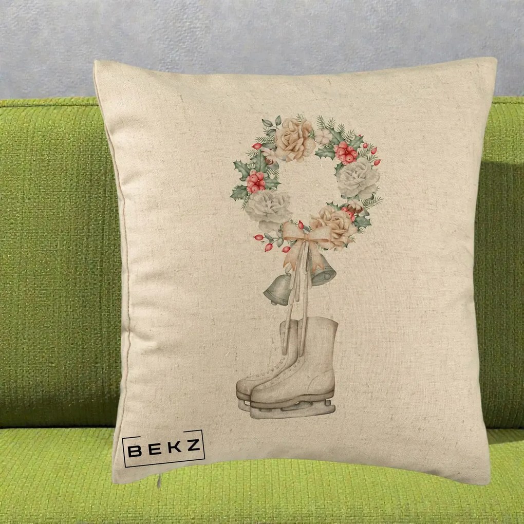 Perna Decorativa Patine cu Coroana Florala de Craciun, 40x40 cm, Bej, Husa Detasabila, Perna Inclusa, BEKZ®
