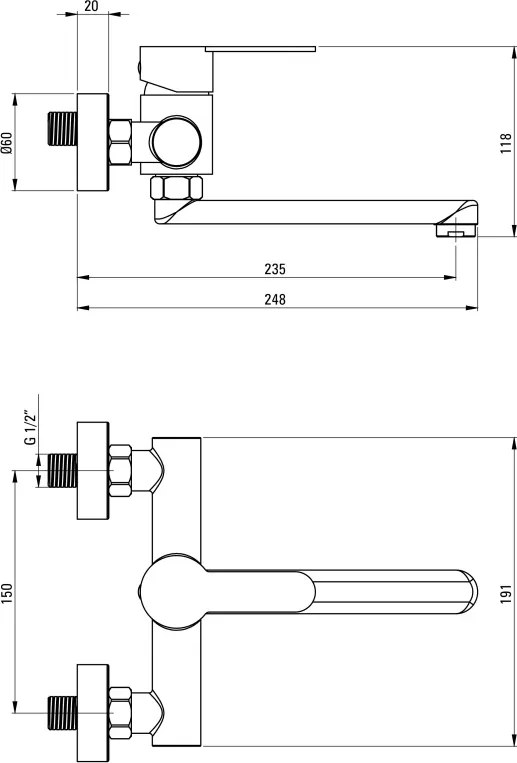Lupo Baterie pentru chiuvetă, montare pe perete Finisaj: Oțel periat BLU_F50M