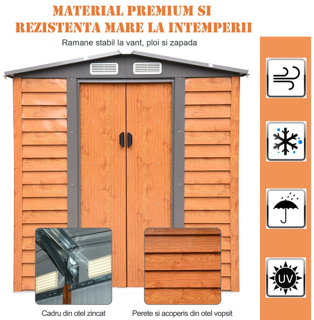 Outsunny Magazie de Grădină pentru Unelte cu Uși Glisante, 197x163x178-200 cm, Maro | Aosom Romania