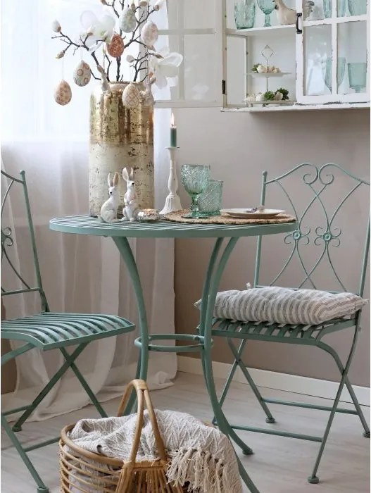 Set bistro pentru exterior din metal verde antichizat cu masă și 2 scaune, „Antique Verte”