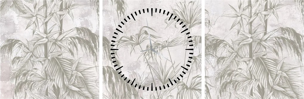 Tablou - Plante tropicale pe perete gri (cu ceas) (90x30 cm)