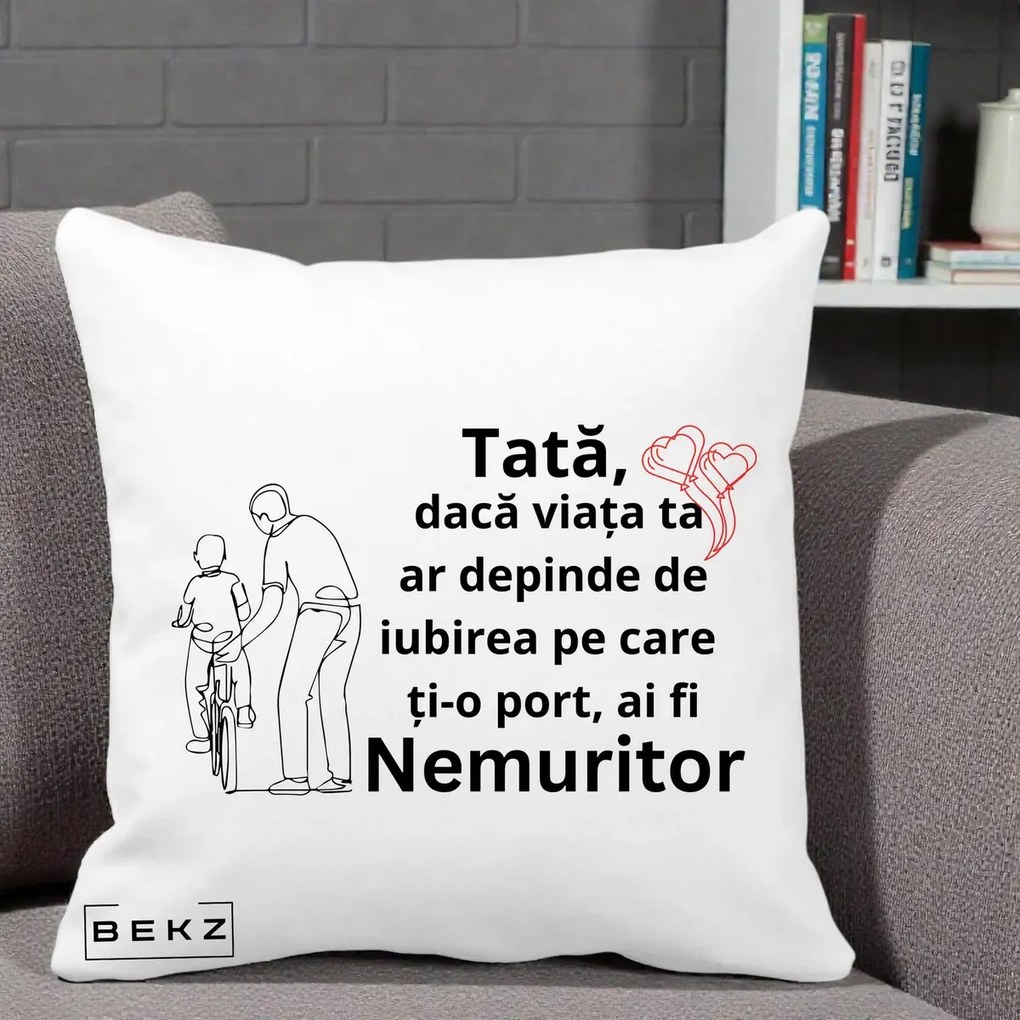Cadou pentru Tata - Perna Personalizata Tata Nemuritor Bicicleta, 40x40 cm, Alba Mata, Husa Detasabila, Perna Inclusa, BEKZ®